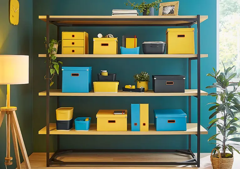 Shelf with varous Leitz Storage Boxes in modern home surrounding